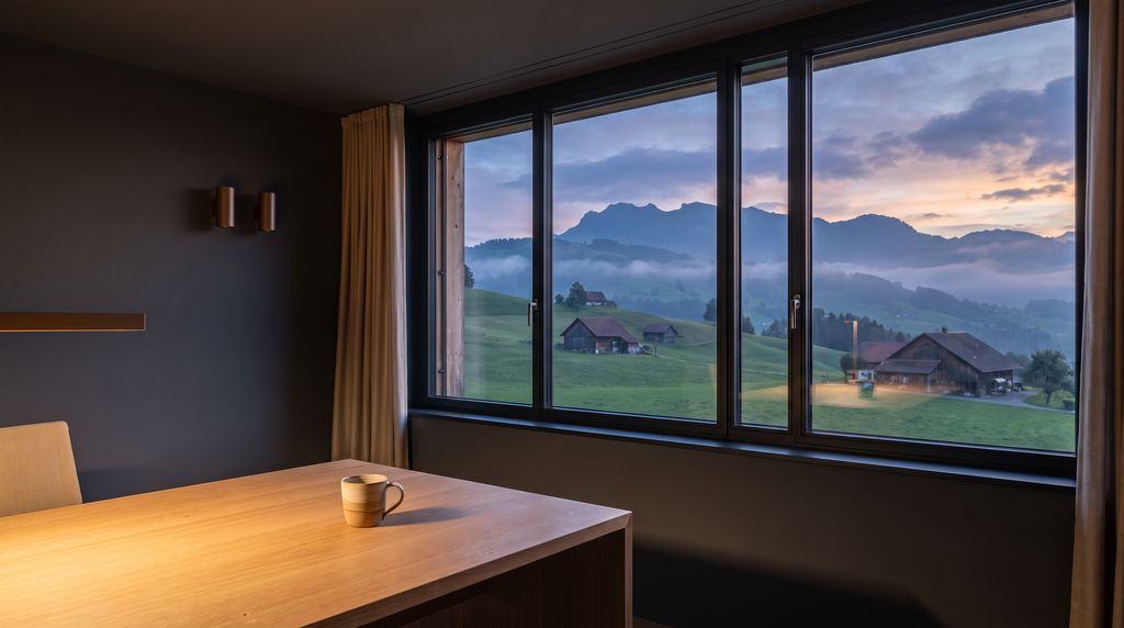 Blick aus einem Büro auf die Hügel und Berge der Zentralschweiz in der Abenddämmerung