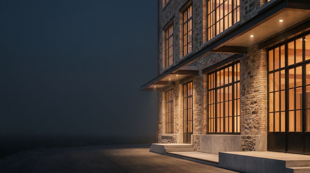 Revitalisierte Industrieliegenschaft aus Naturstein mit beleuchteten Stahlfenstern am Abend